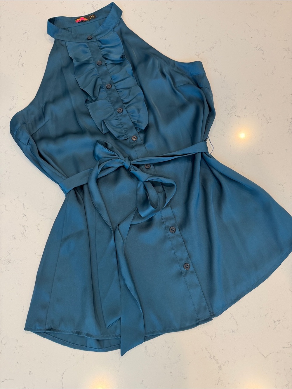 Forever 21 Teal Ruffle Button-Front Tie-Waist Sleeveless Blouse